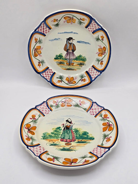 Vintage HB Quimper French Faience Pottery Plates