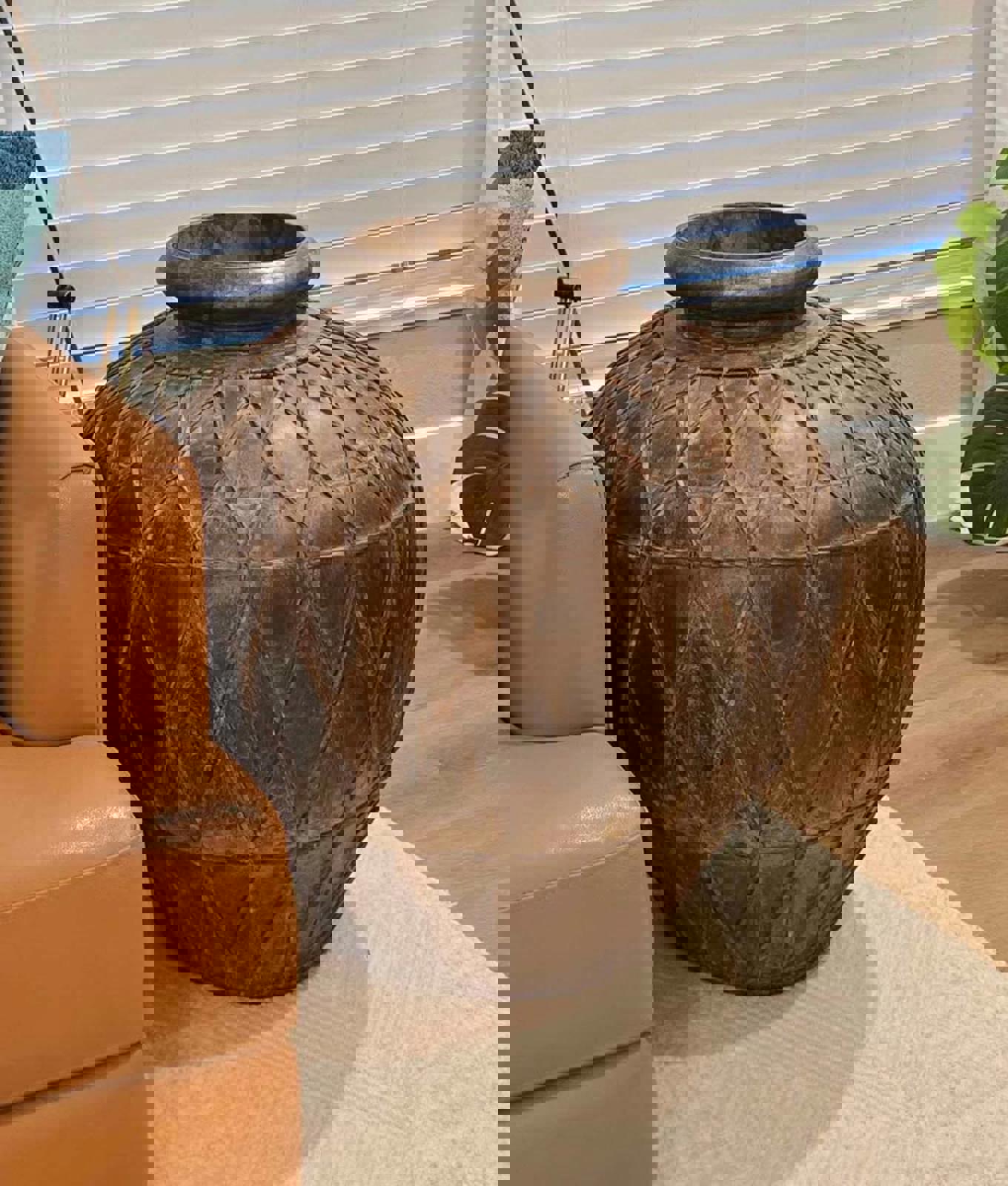 Vintage Large, Leather-Wrapped, Iron African Pot