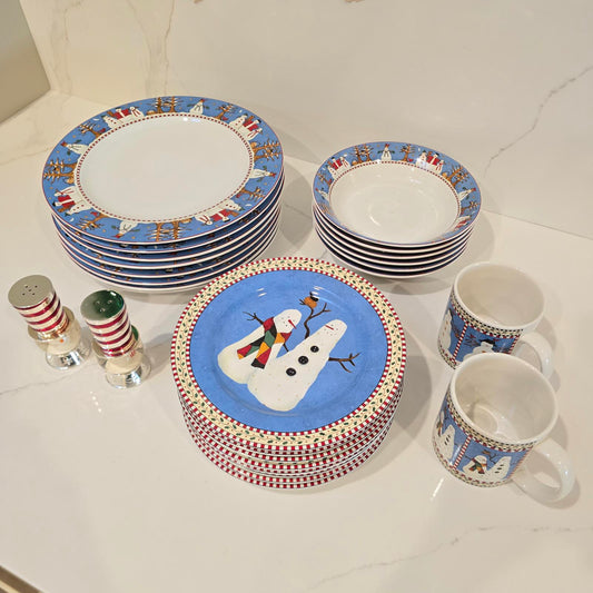 Debbie Mumm Snowman Dinnerware and Vintage Reed and Barton Snowman S & P Shakers