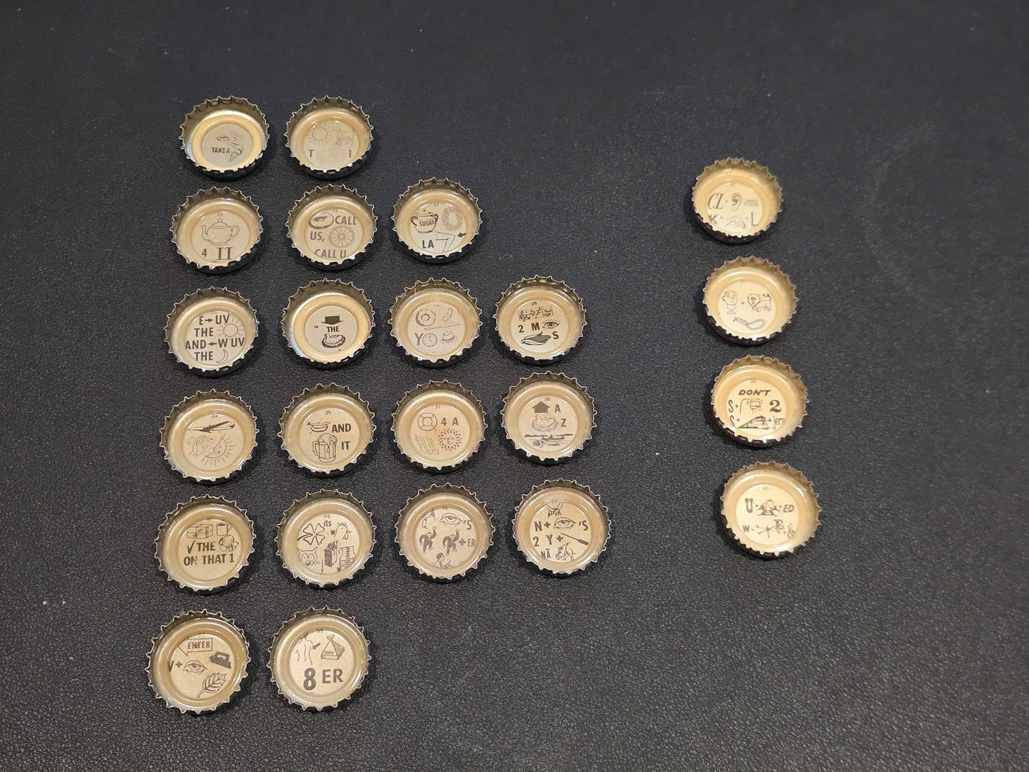 Set of 76 Lucky Lager Rebus/Puzzle Bottle Caps - Silver w/ Red Script