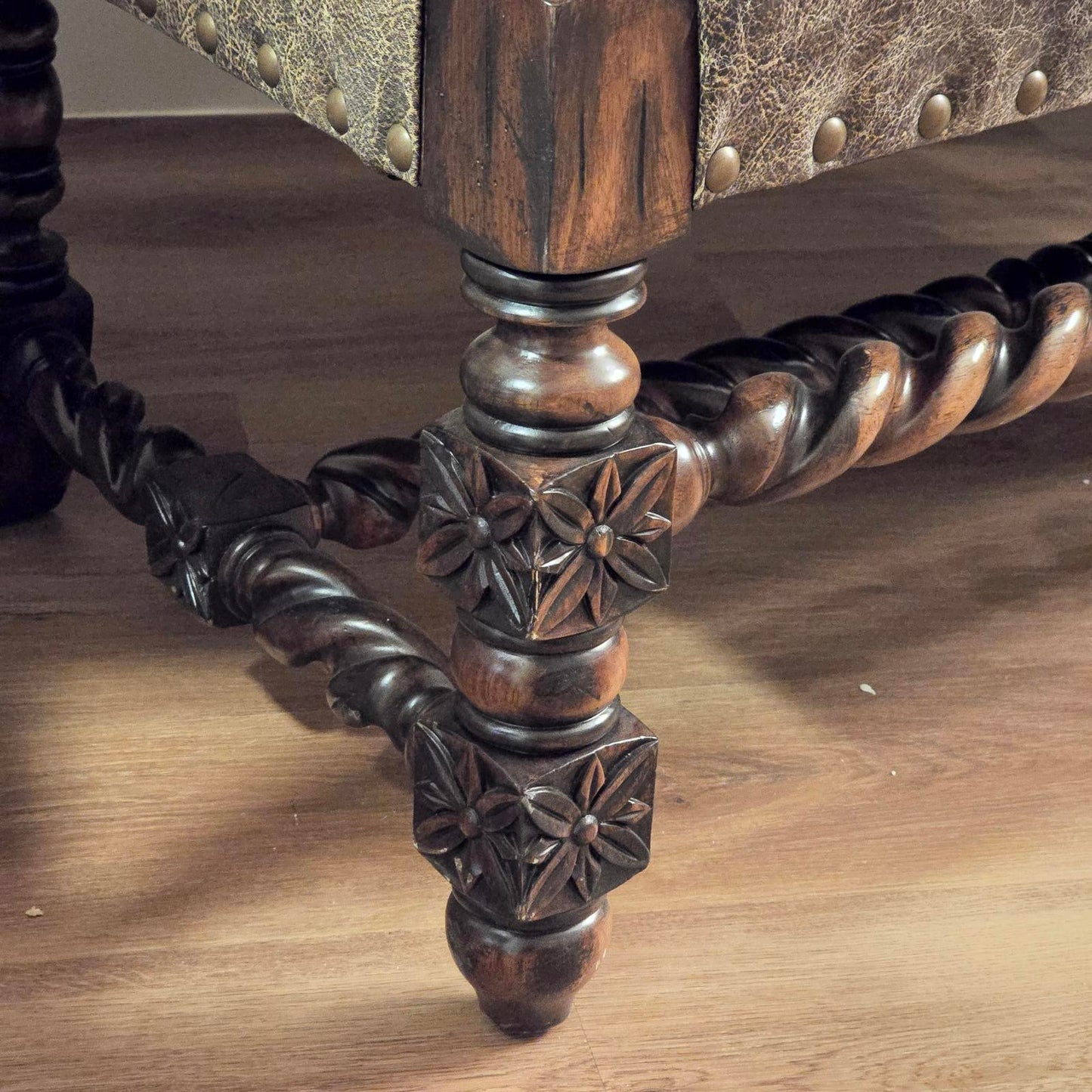 Custom Louis XIII Revival Loveseat/Bench w/ Distressed Leather