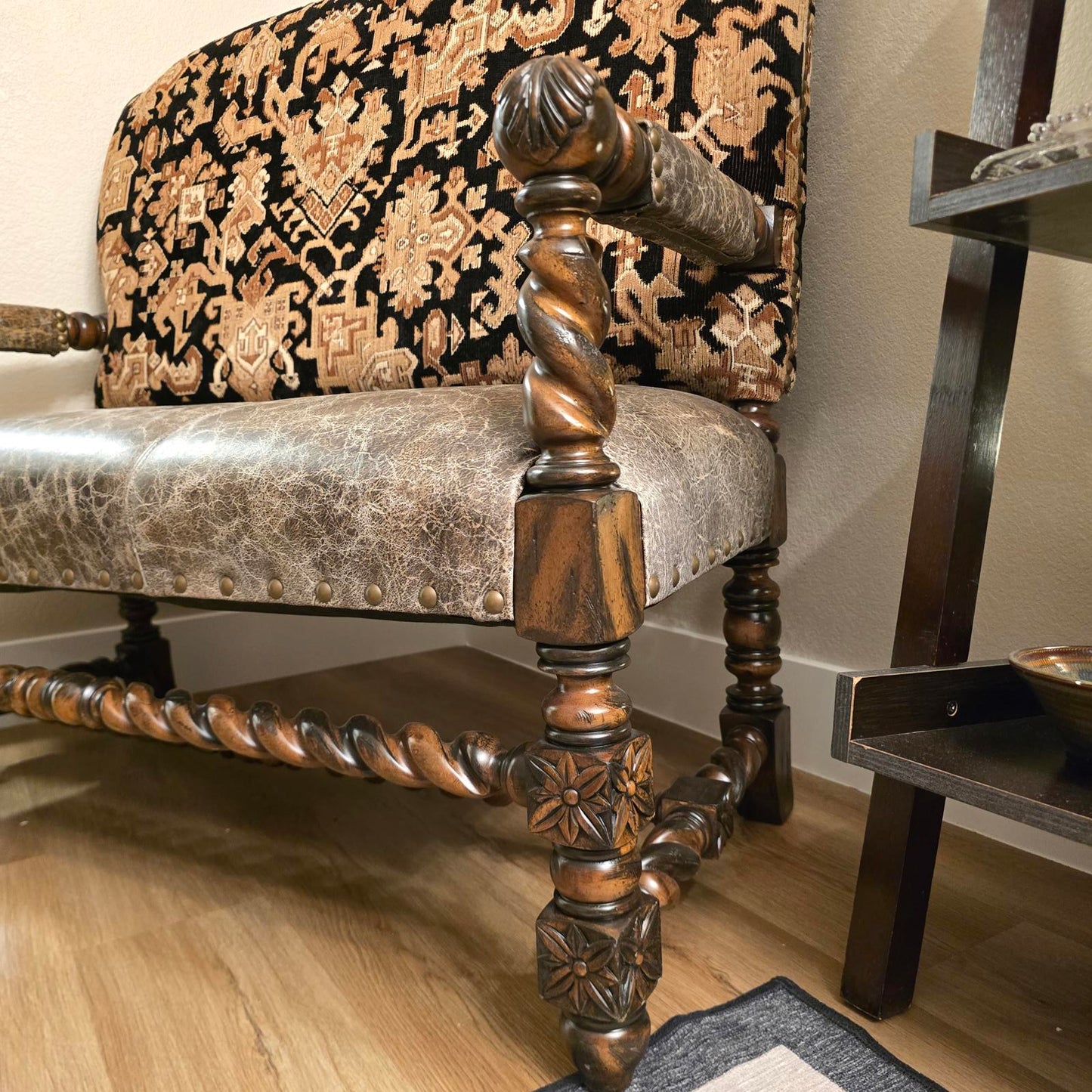 Custom Louis XIII Revival Loveseat/Bench w/ Distressed Leather