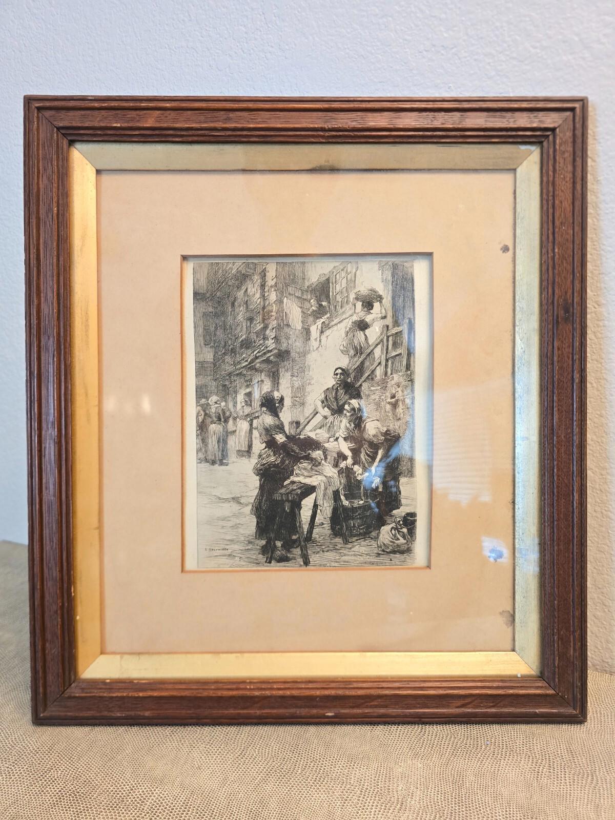 Antique Leon Augustin LHermitte French Etching-"Washerwoman of Saint Malo"