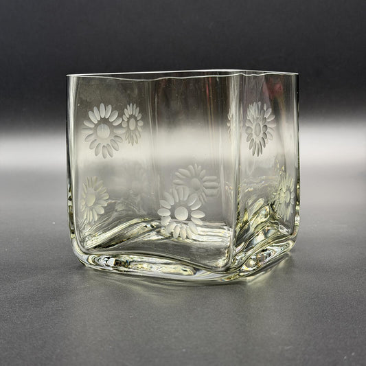 Green Glass Square Vase with Etched Flower Design