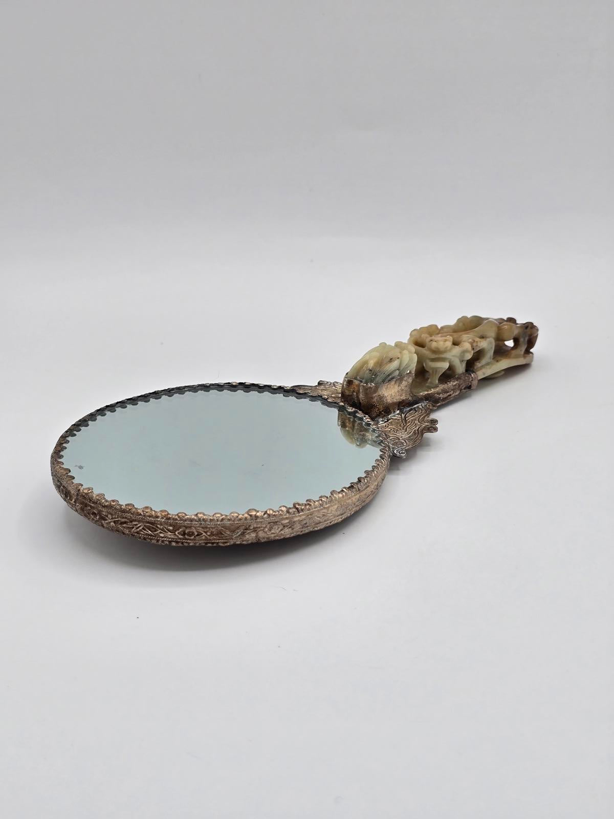 Antique Chinese Silver-plated Hand Mirror with Carved Jade Belt Hook Handle