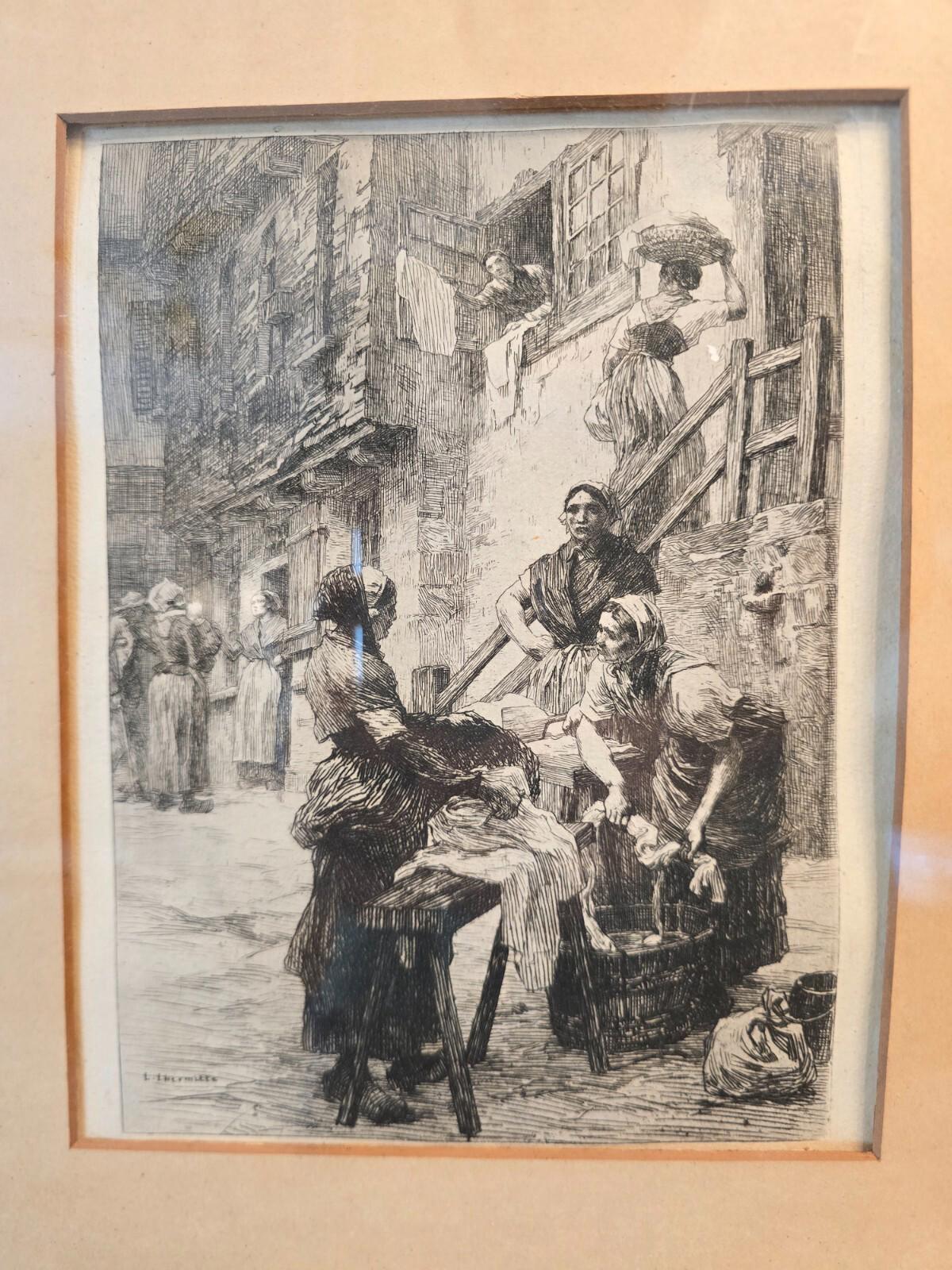 Antique Leon Augustin LHermitte French Etching-"Washerwoman of Saint Malo"