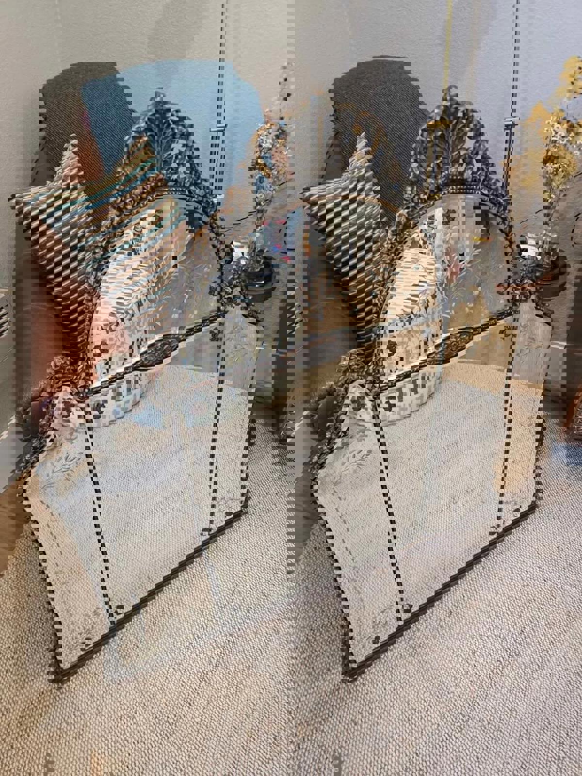 Antique Victorian Italian Etched Glass Triple-Panel Mantel/Sideboard Mirror