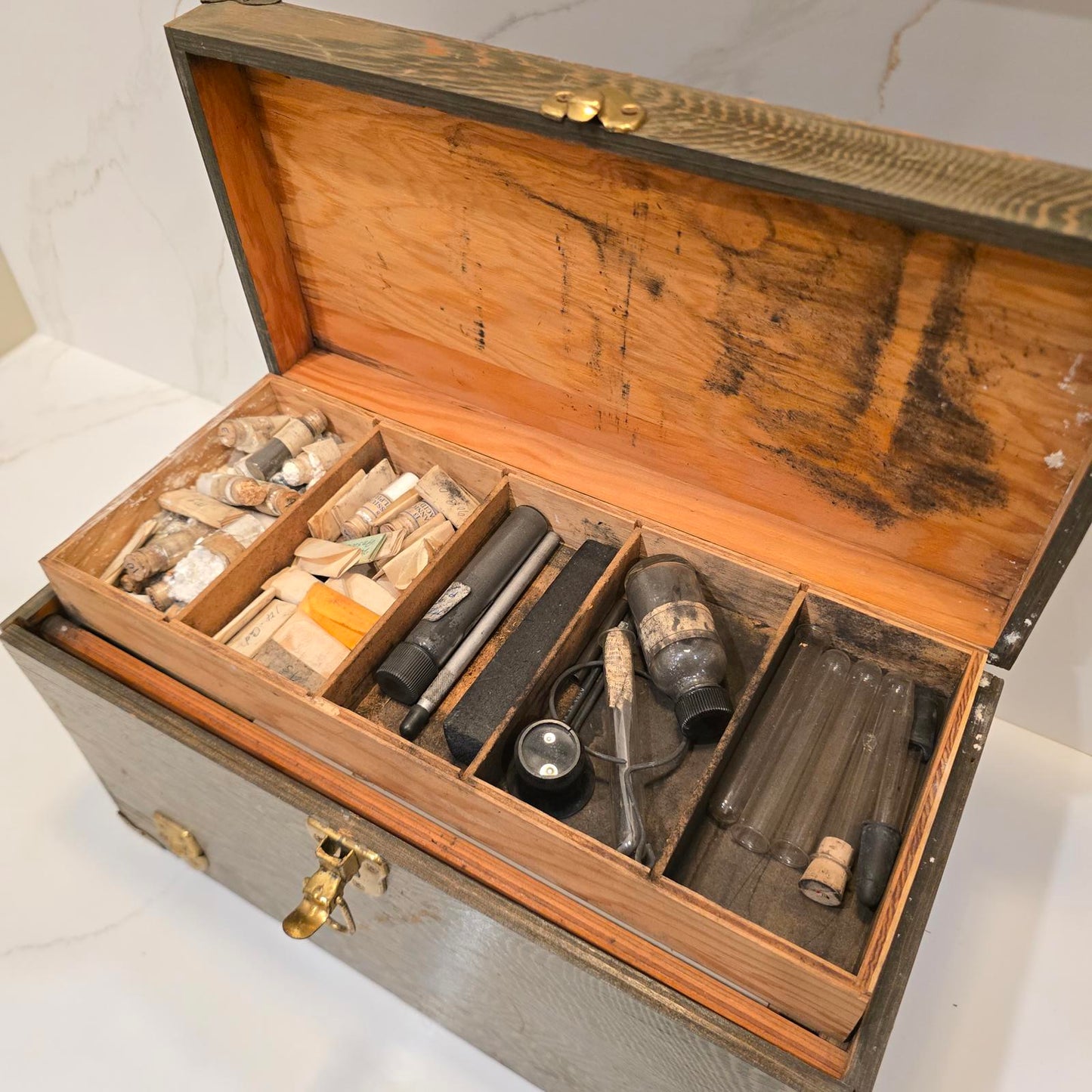 Vintage Apothecary/Geological Testing Set with Bottles, Instruments, and Chemicals