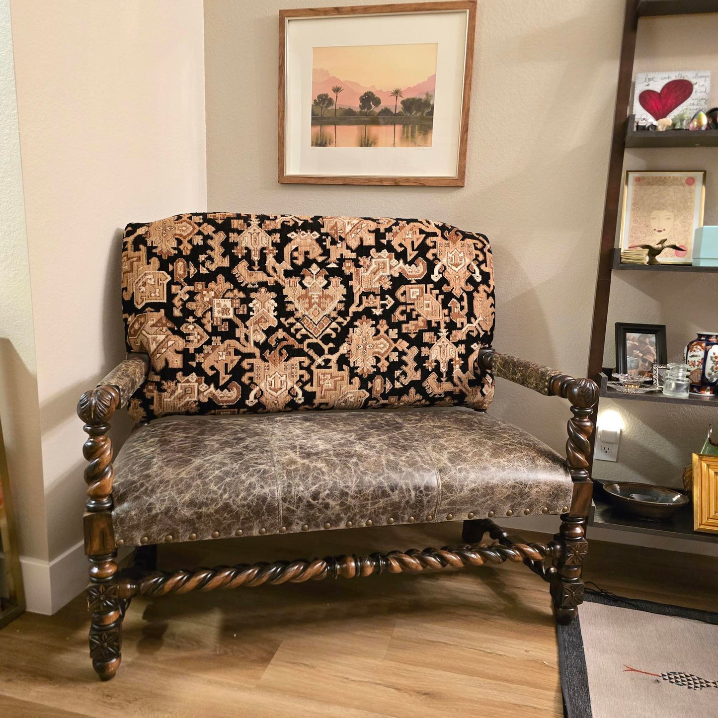 Custom Louis XIII Revival Loveseat/Bench w/ Distressed Leather