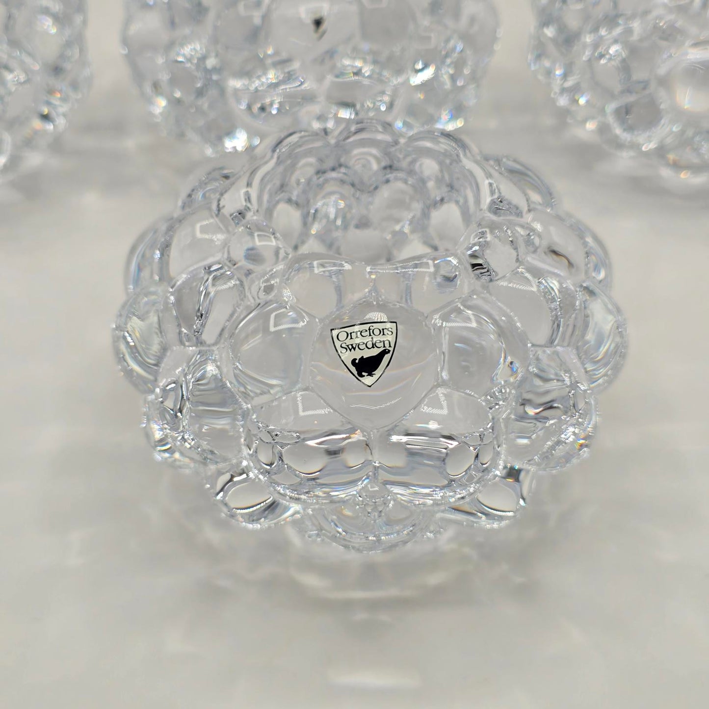 Orrefors Raspberry Glass Candleholders Set of 5