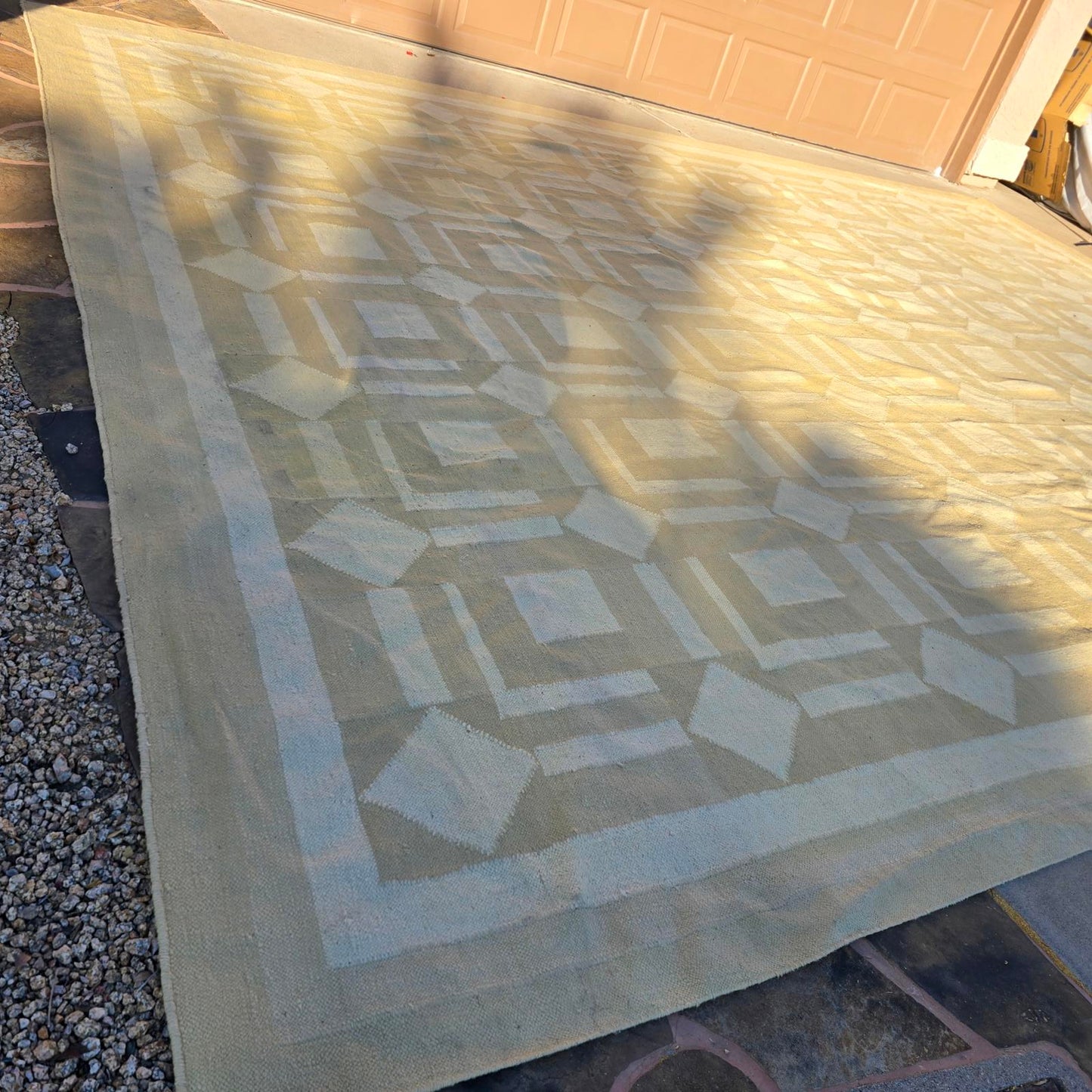 Large Indian Dhurri Geometric Rug -Cream and Tan