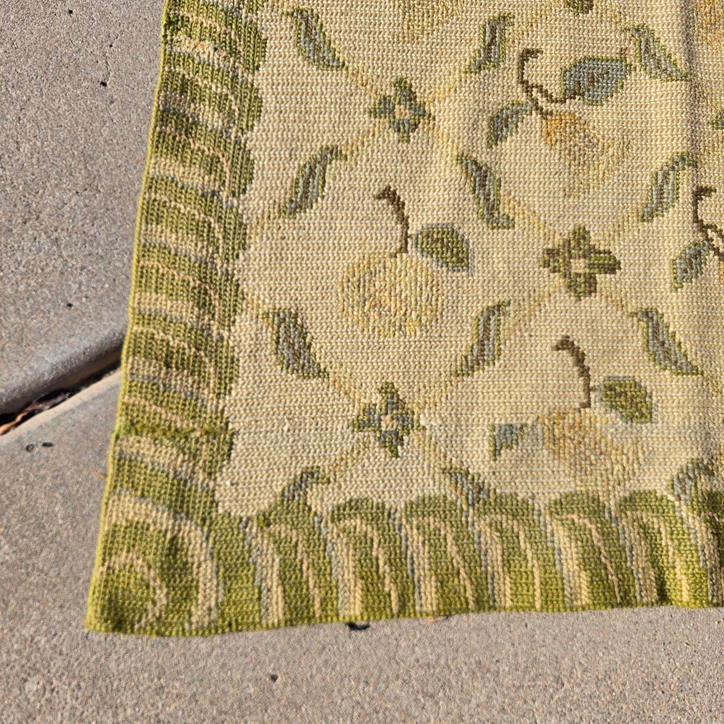 Vintage Hand-Knotted Wool Floral Needlepoint Rug -Green and Cream