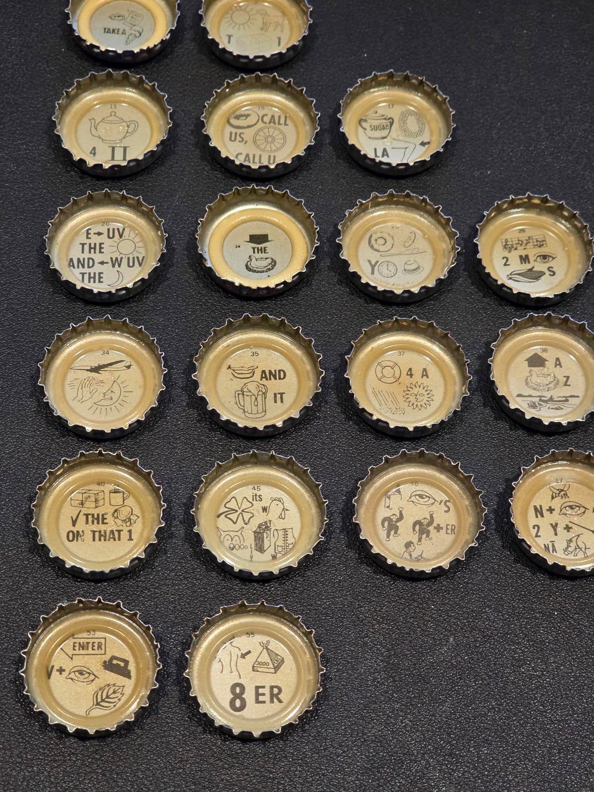 Set of 76 Lucky Lager Rebus/Puzzle Bottle Caps - Silver w/ Red Script