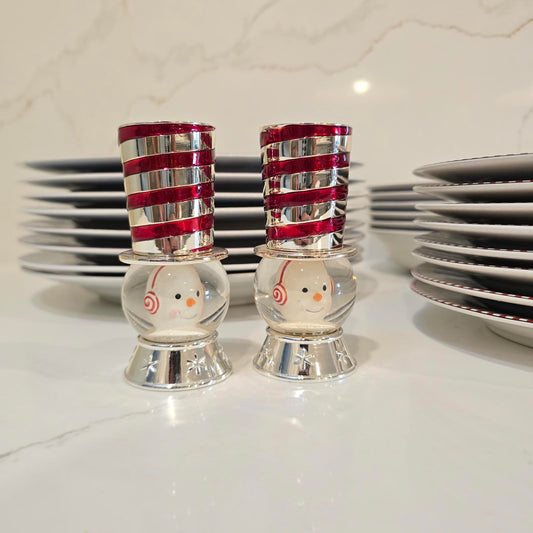 Debbie Mumm Snowman Dinnerware and Vintage Reed and Barton Snowman S & P Shakers