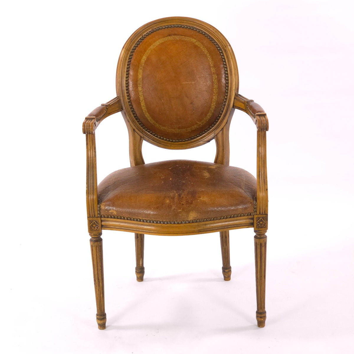 Early 20th Century Louis XVI Revival Leather Fauteuil Armchair