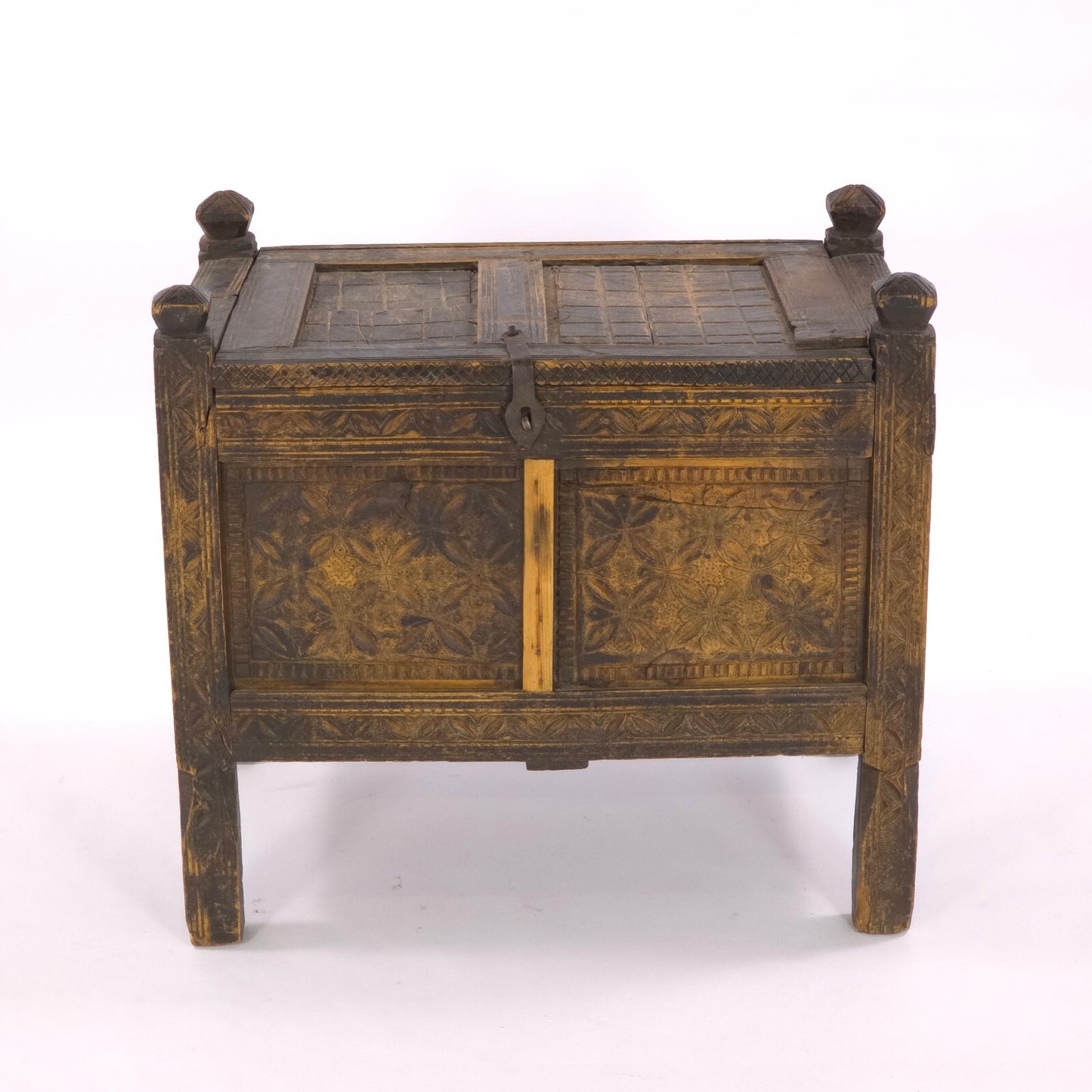 Antique 19th Century Swat Valley Hand-Carved Cedar Dowry Chest/Tribal Box Table