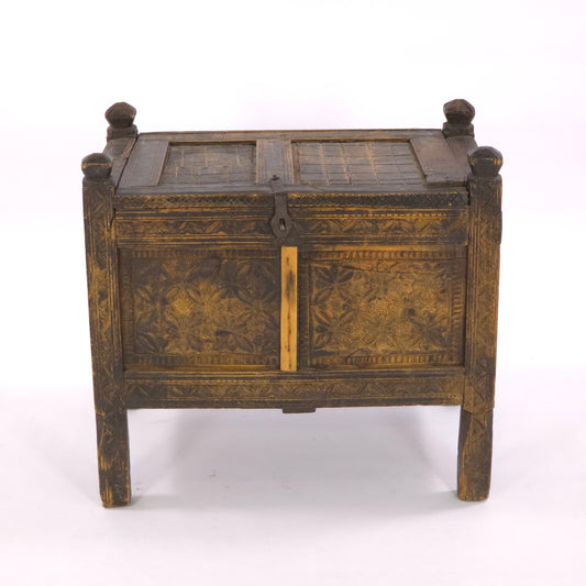 Antique 19th Century Swat Valley Hand-Carved Cedar Dowry Chest/Tribal Box Table