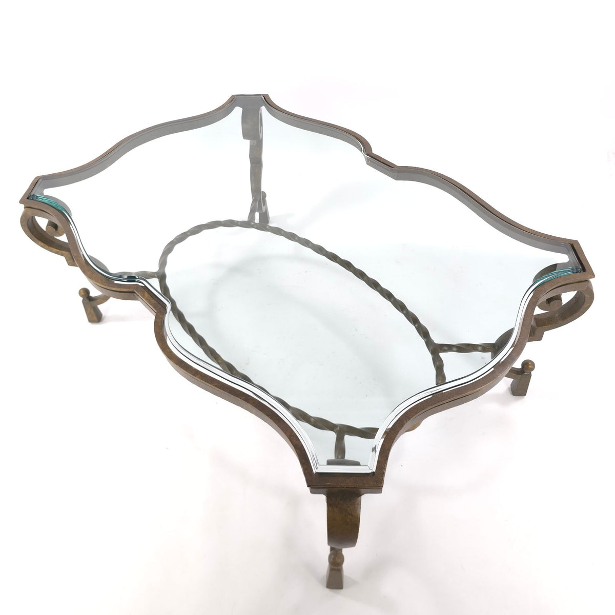 Vintage Hollywood Regency Gilt Wrought Iron & Beveled Glass Coffee Table