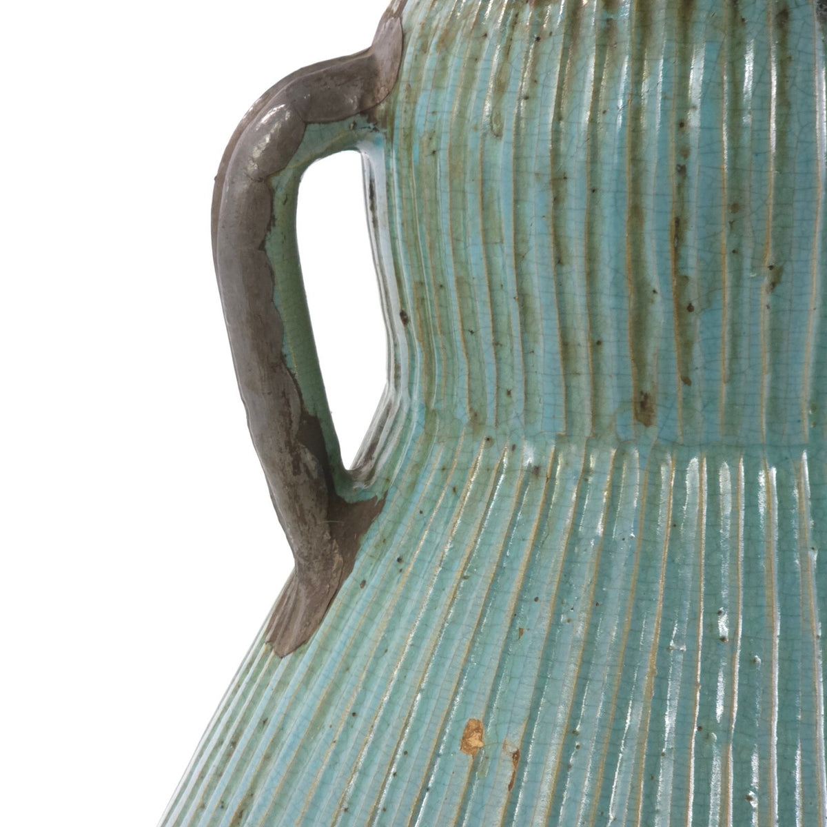 Pair Large Moroccan Turquoise Crackle Glaze Lidded Ceramic Urns 31in