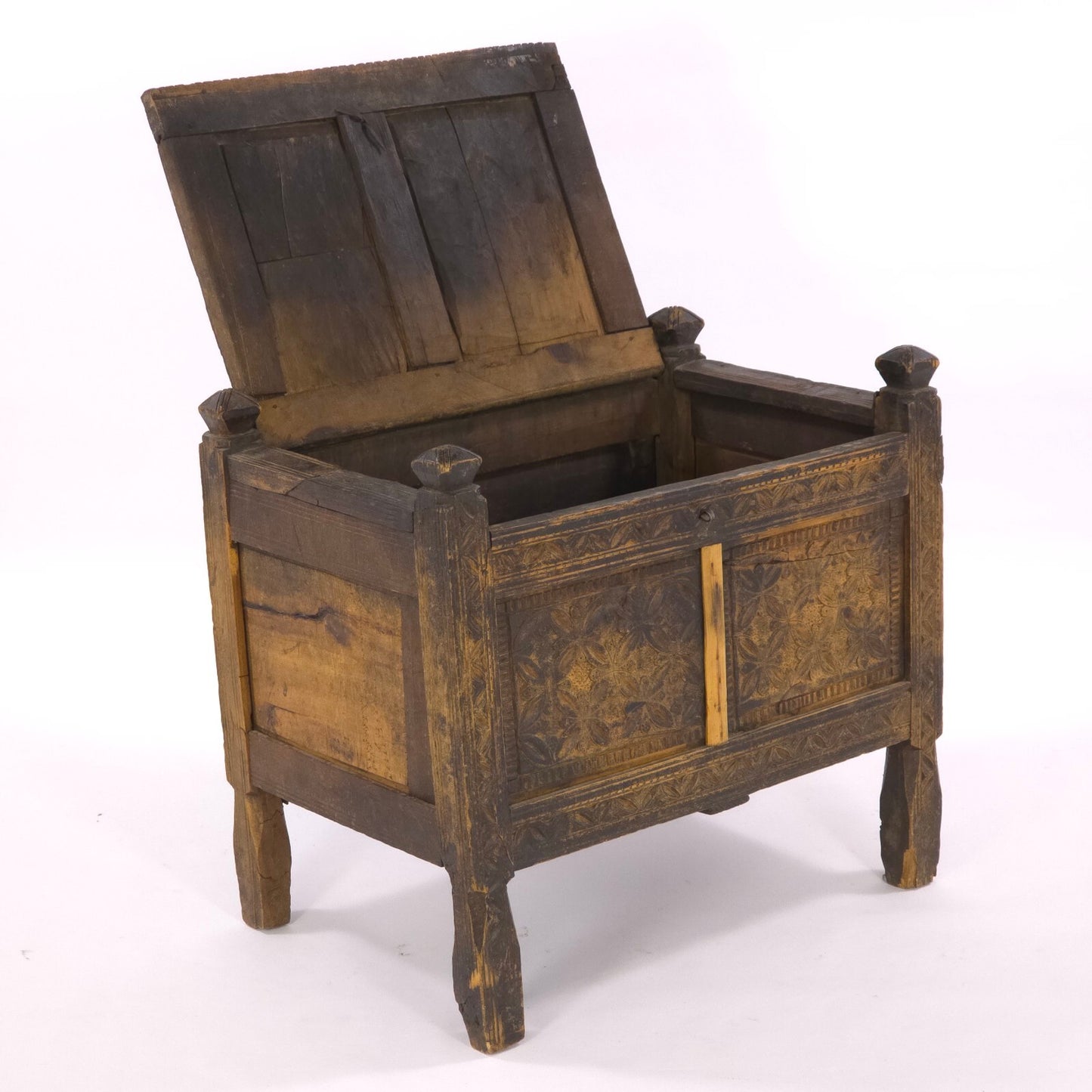 Antique 19th Century Swat Valley Hand-Carved Cedar Dowry Chest/Tribal Box Table
