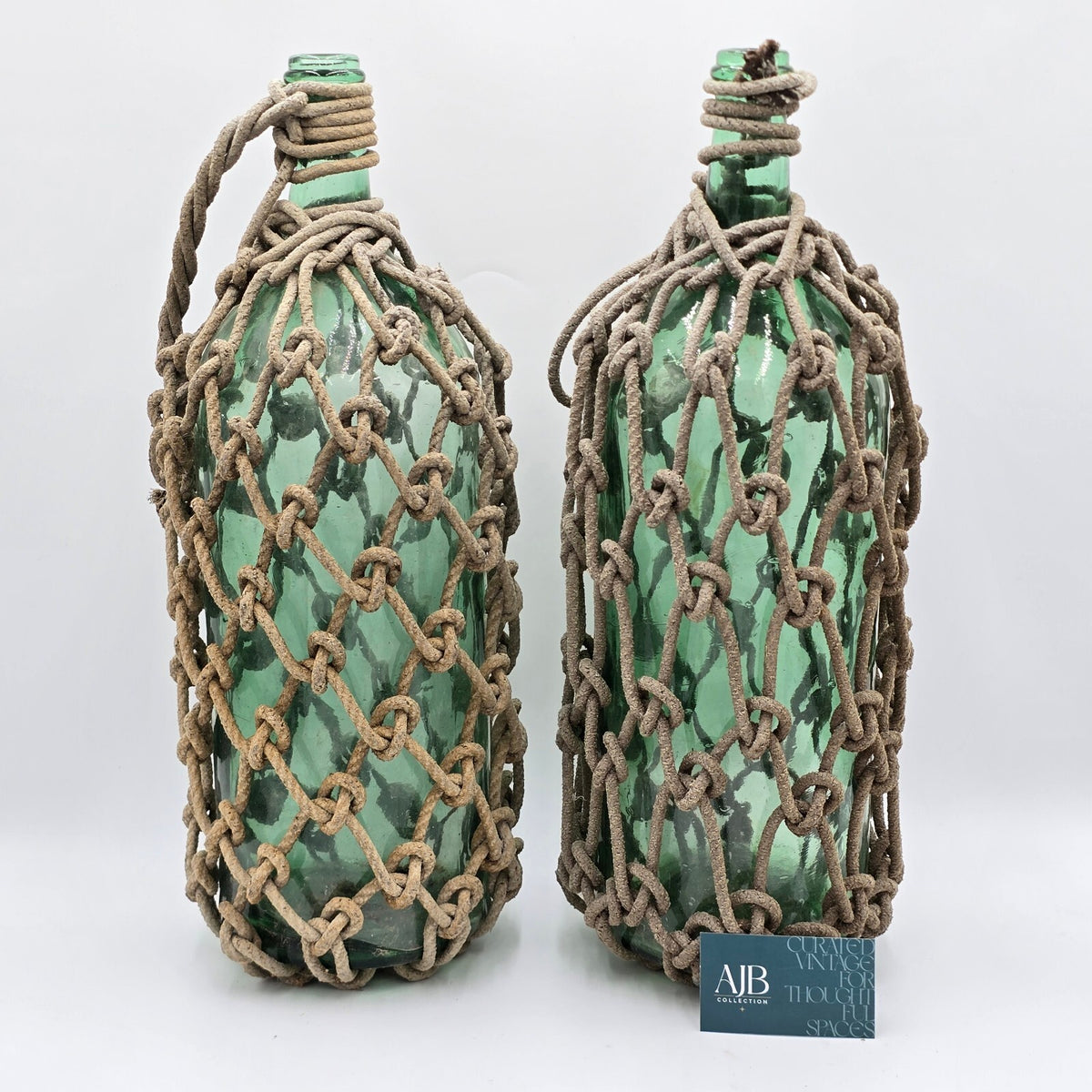 Antique Rope Wrapped Ship Bottles Pair Vintage Glass Demijohn Sake Vases 19"