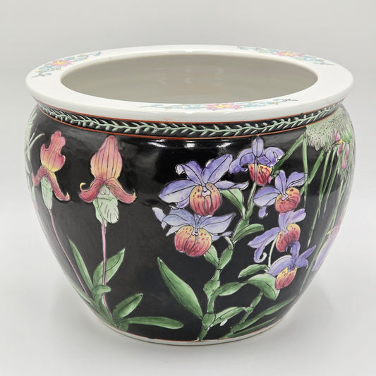 Vintage Chinese Porcelain Black Orchid Jardiniere Fishbowl Planter