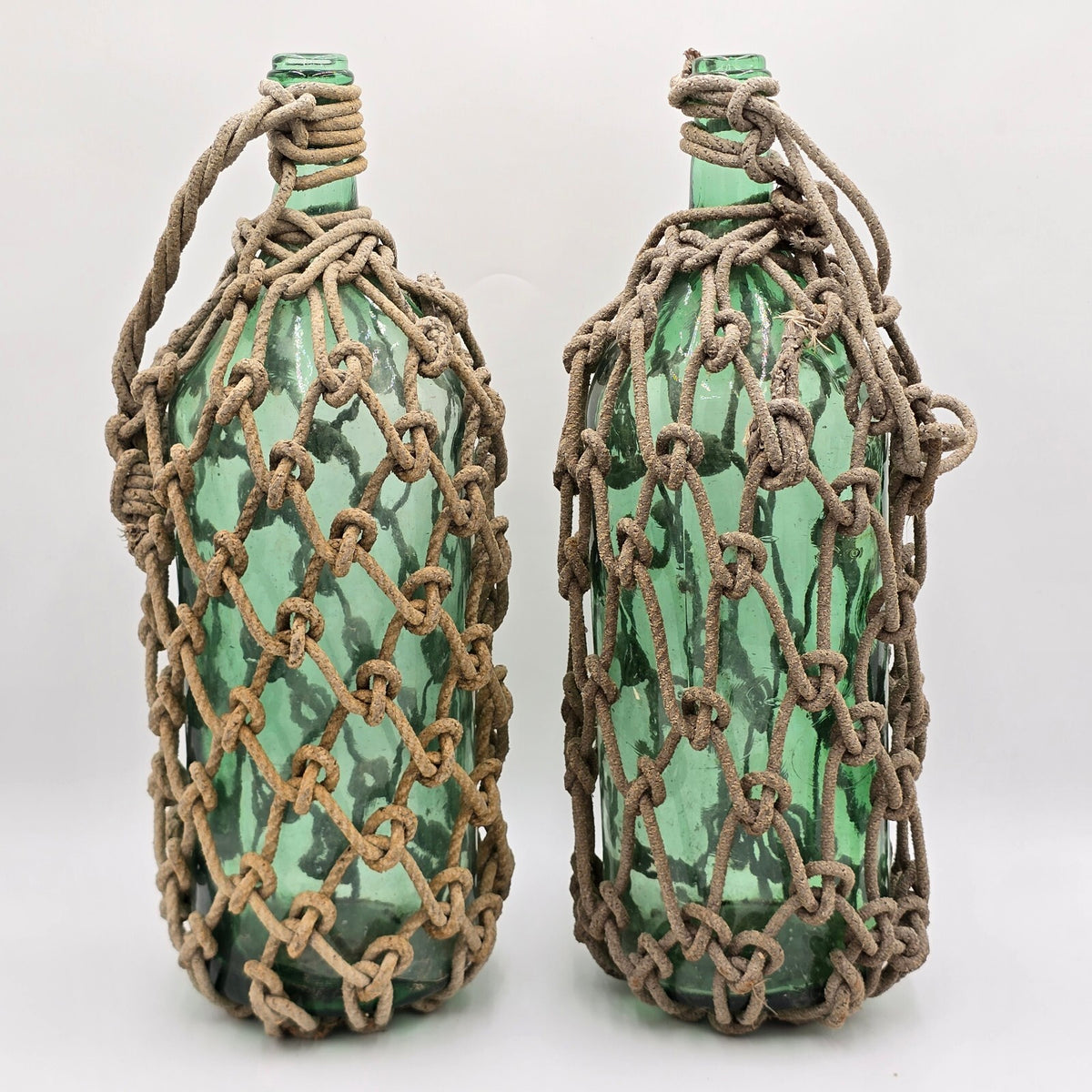 Antique Rope Wrapped Ship Bottles Pair Vintage Glass Demijohn Sake Vases 19"