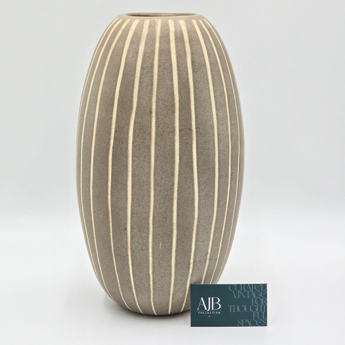 Mid Century Modern Style Striped Pottery Vase - Large 14" Ribbed Ceramic