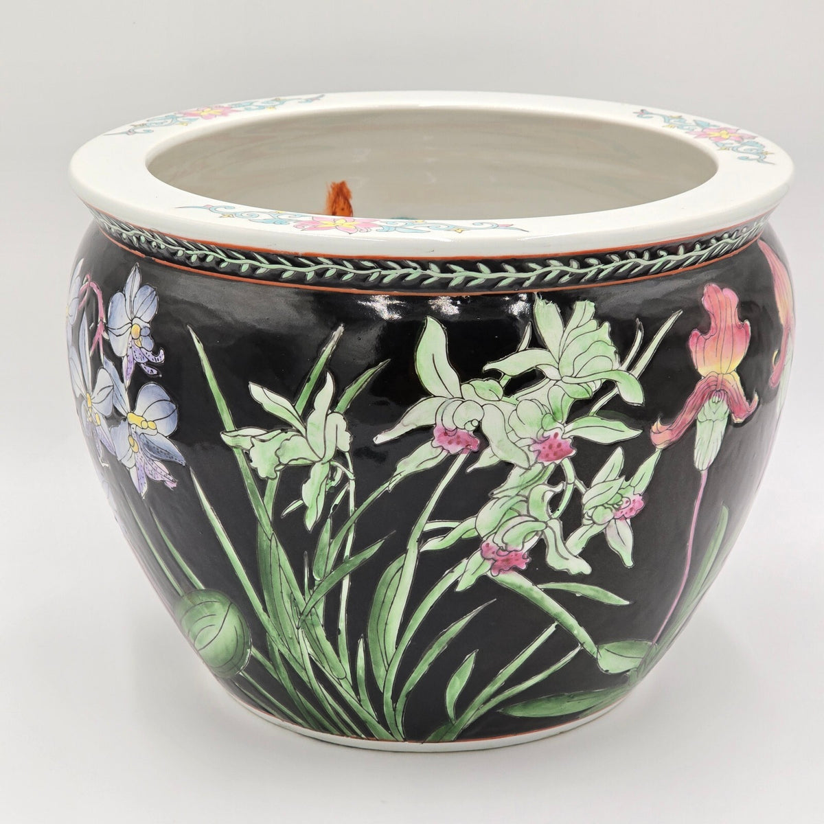 Vintage Chinese Porcelain Black Orchid Jardiniere Fishbowl Planter