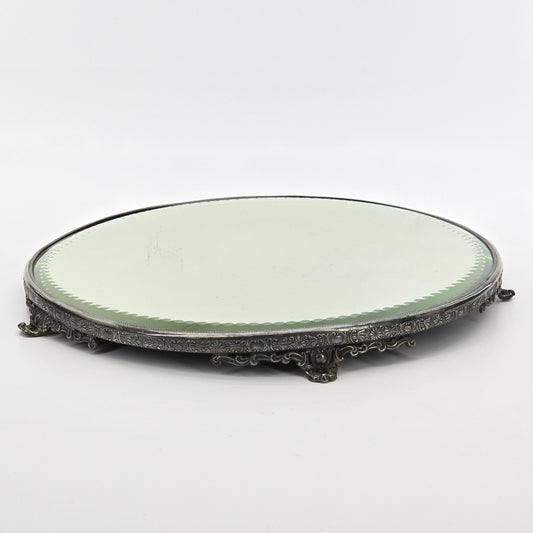 Antique Victorian Silverplate Beveled Mirror Plateau Vanity Tray 12in