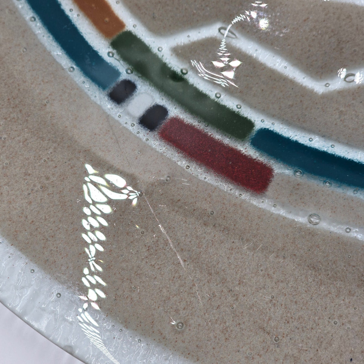 Vintage Ann Mallory Signed Fused Glass Platter 16 Inch Southwest Design w Stand