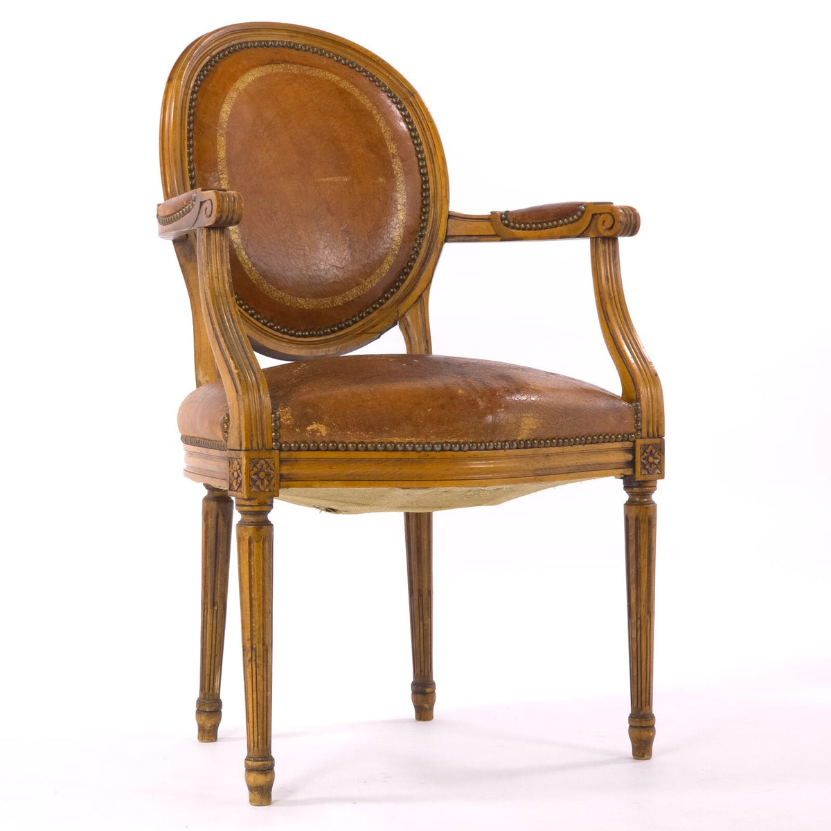 Early 20th Century Louis XVI Revival Leather Fauteuil Armchair