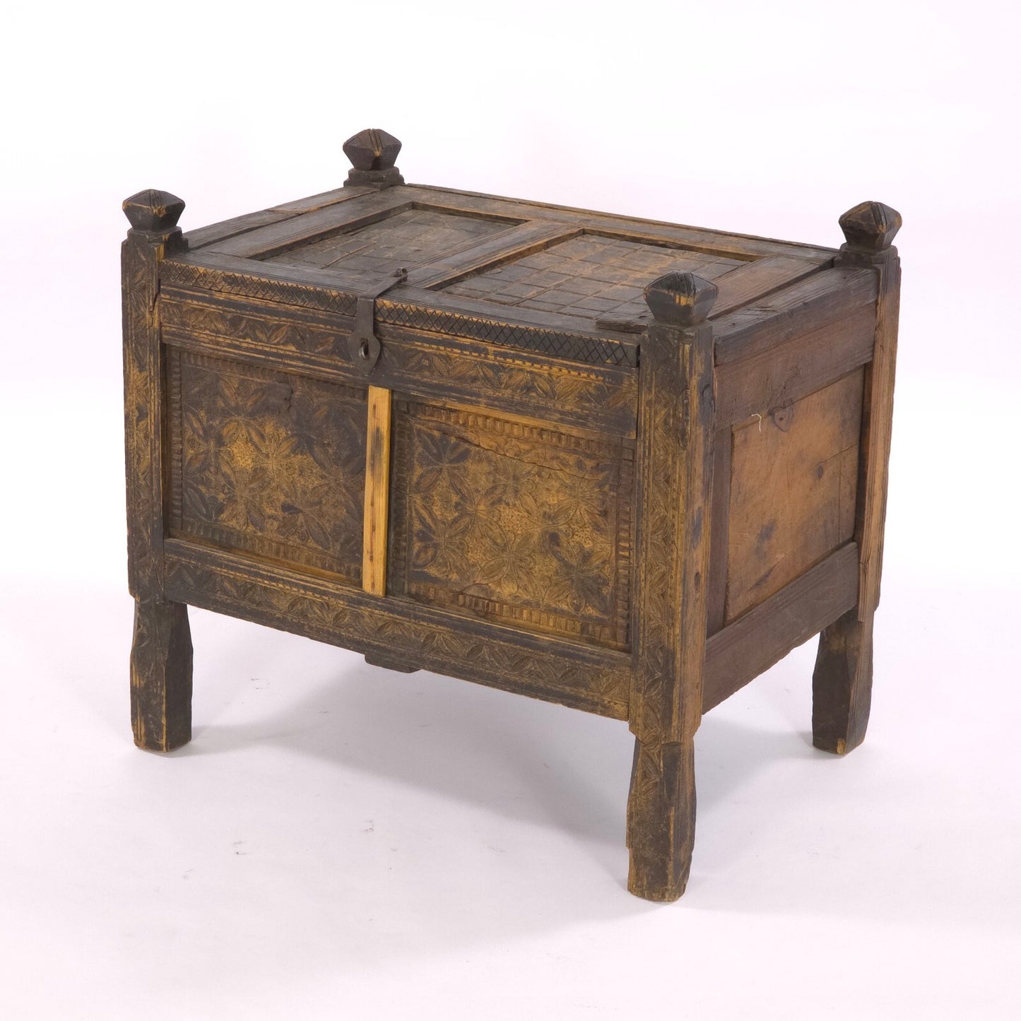Antique 19th Century Swat Valley Hand-Carved Cedar Dowry Chest/Tribal Box Table