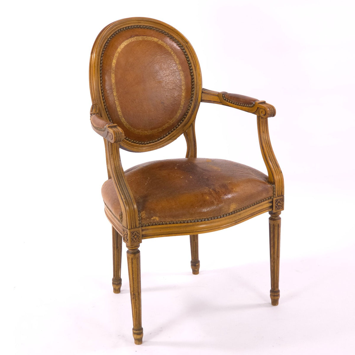 Early 20th Century Louis XVI Revival Leather Fauteuil Armchair