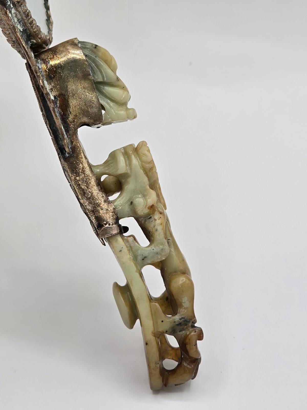 Antique Chinese Silver-plated Hand Mirror with Carved Jade Belt Hook Handle