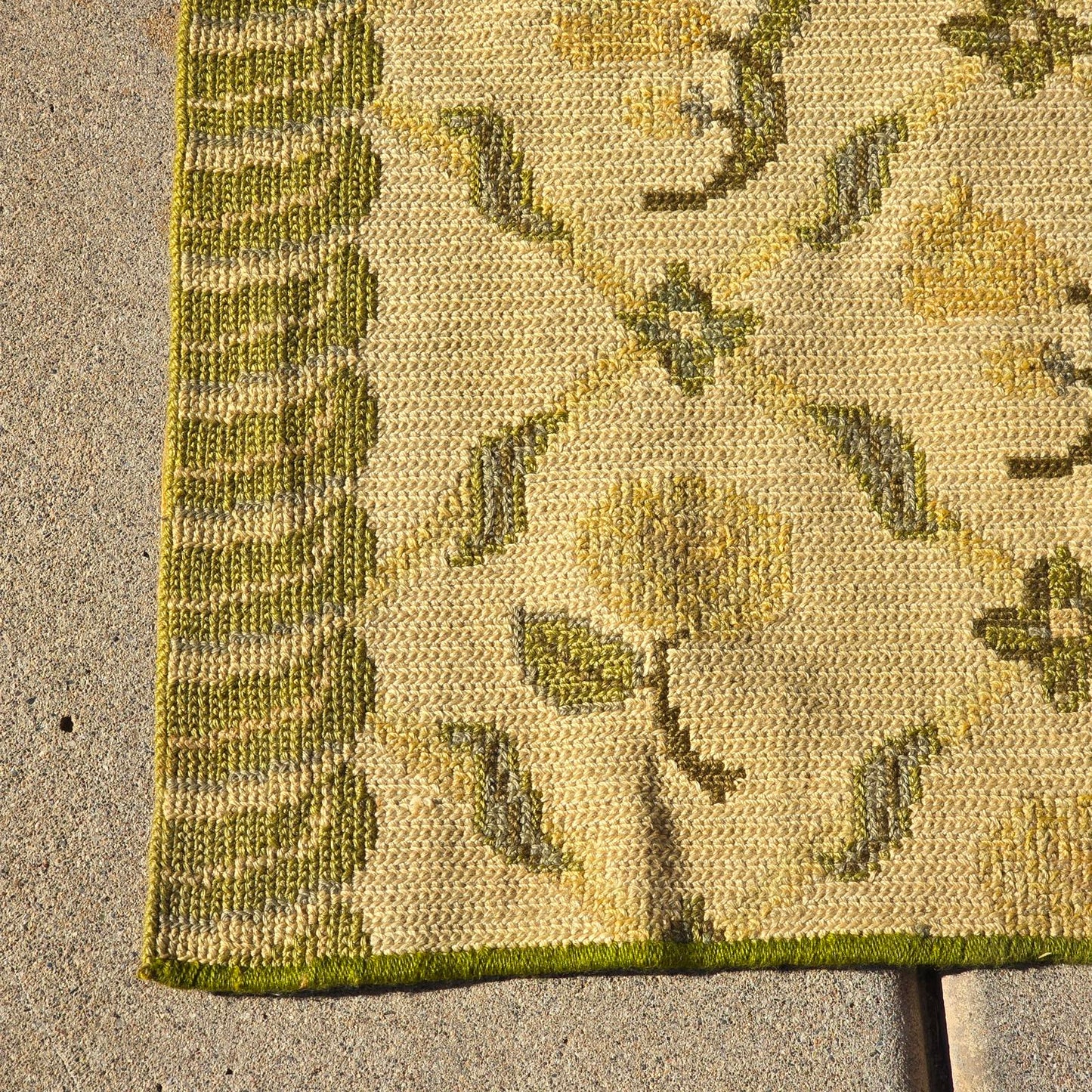 Vintage Hand-Knotted Wool Floral Needlepoint Rug -Green and Cream