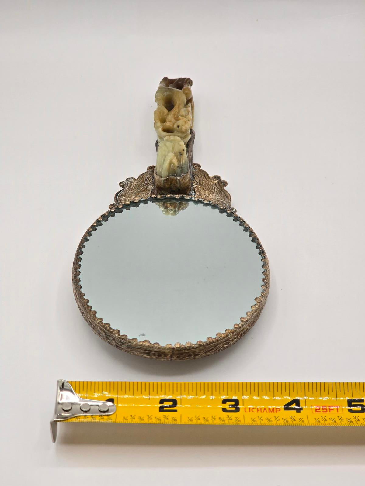 Antique Chinese Silver-plated Hand Mirror with Carved Jade Belt Hook Handle