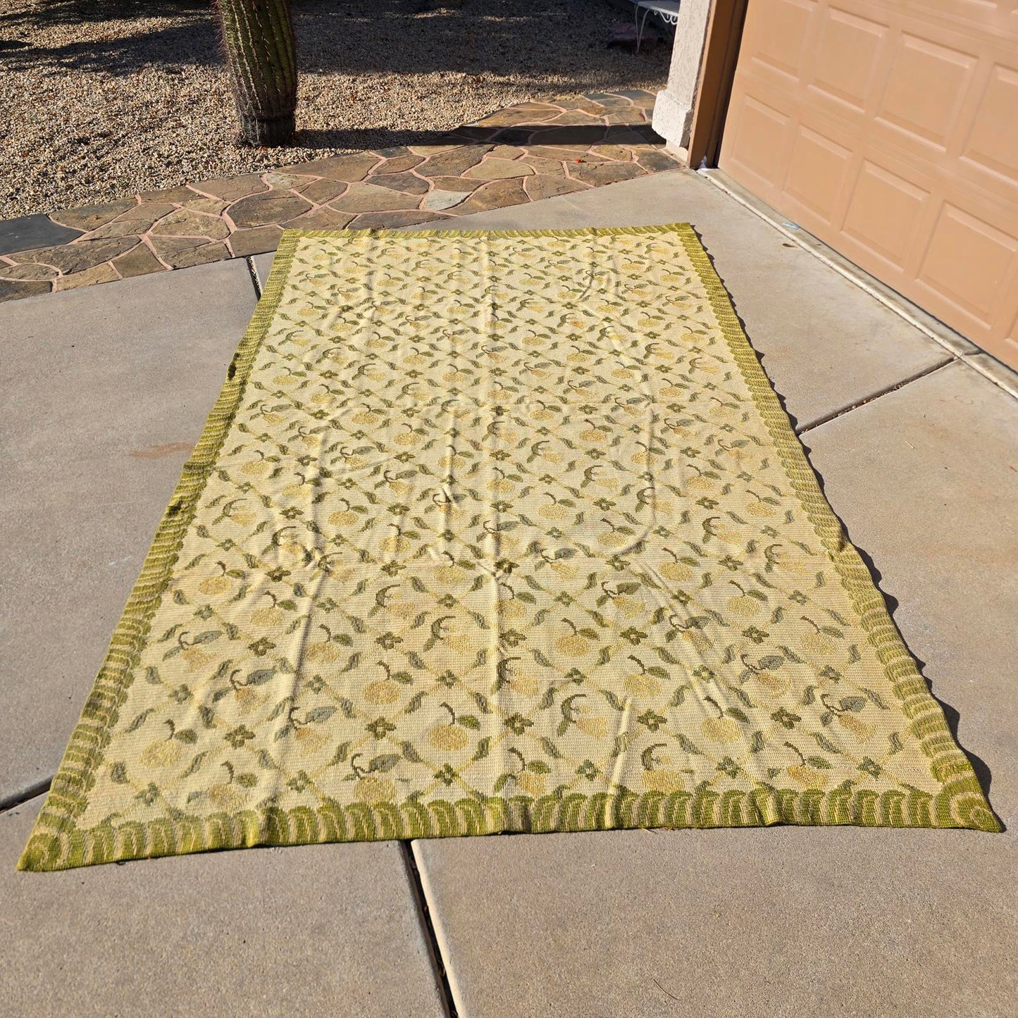 Vintage Hand-Knotted Wool Floral Needlepoint Rug -Green and Cream