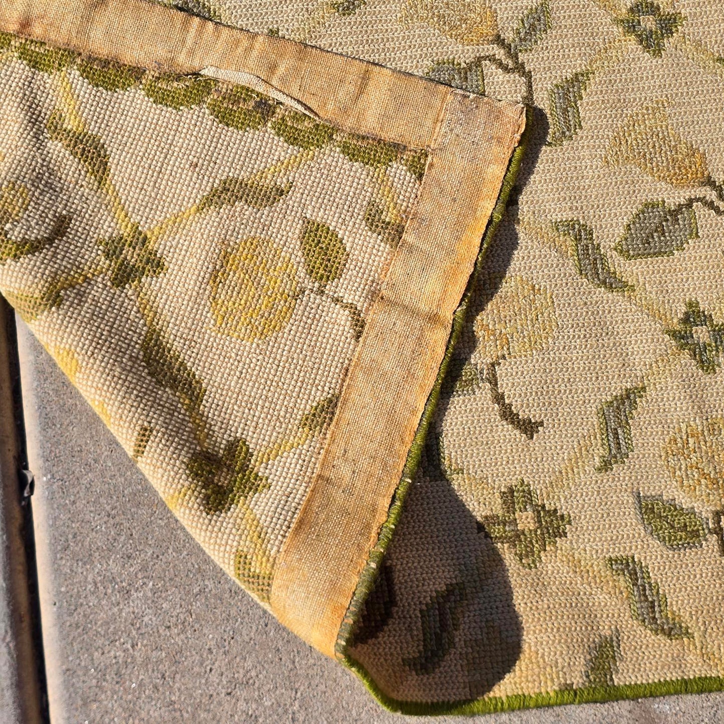 Vintage Hand-Knotted Wool Floral Needlepoint Rug -Green and Cream