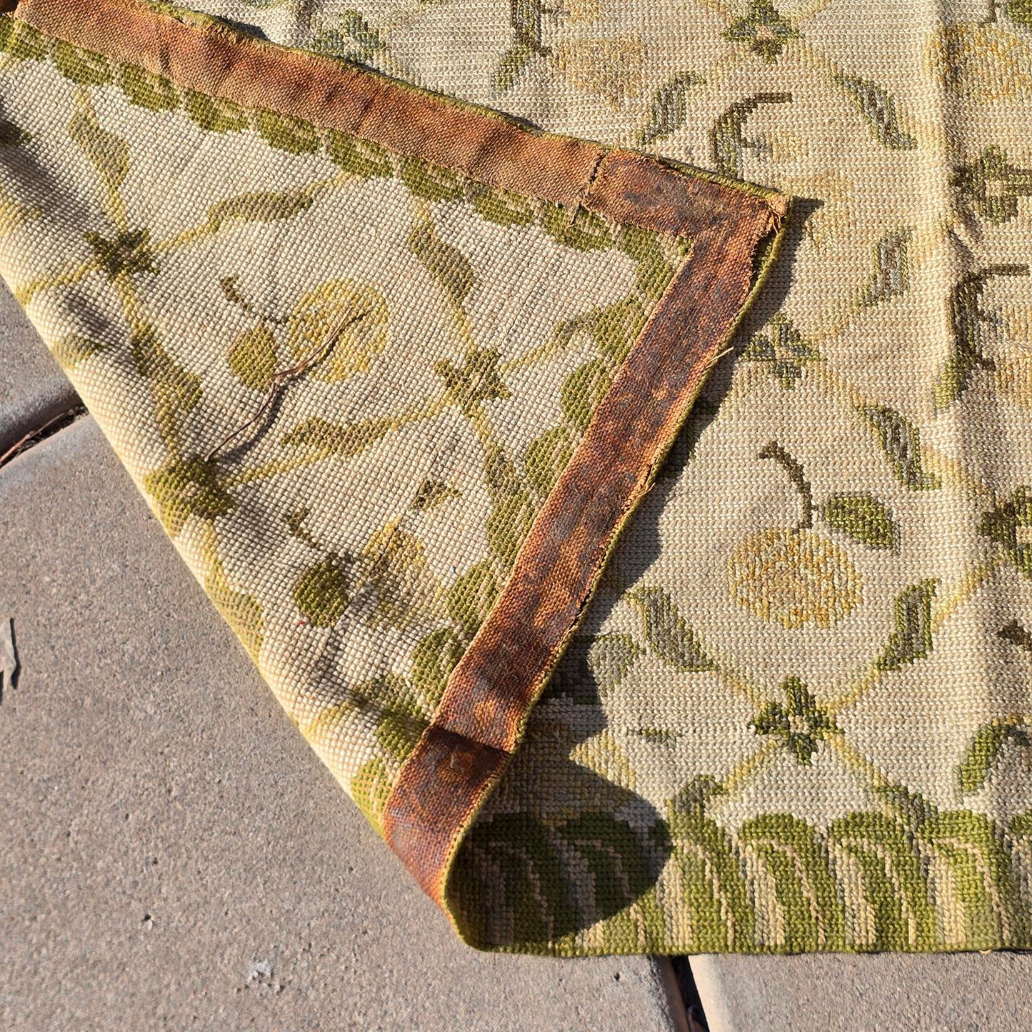 Vintage Hand-Knotted Wool Floral Needlepoint Rug -Green and Cream