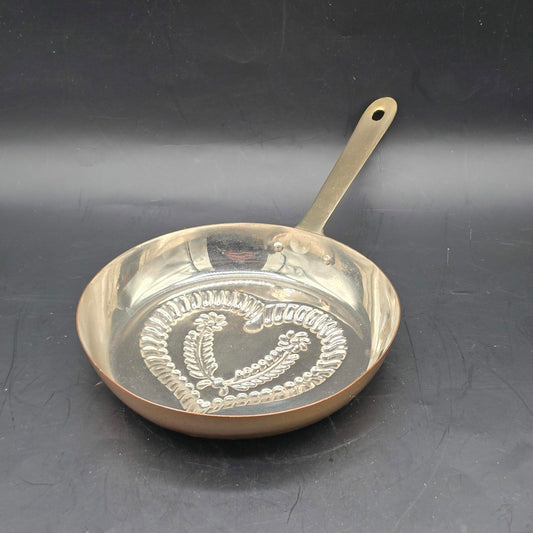 Vintage Decorative Copper and Brass Sauté Pan with Repousse Heart Design
