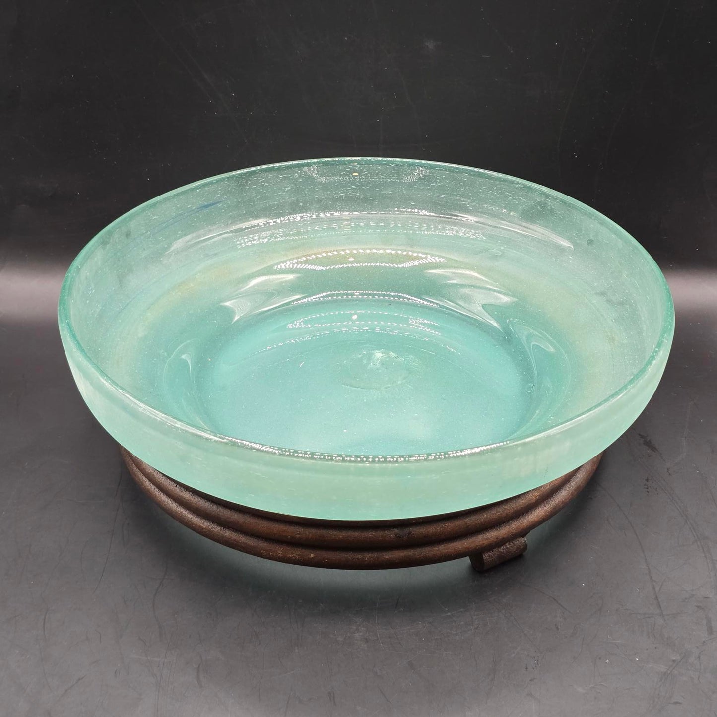 Hand-Blown Glass Bowl with Wrought Iron Footed-Stand