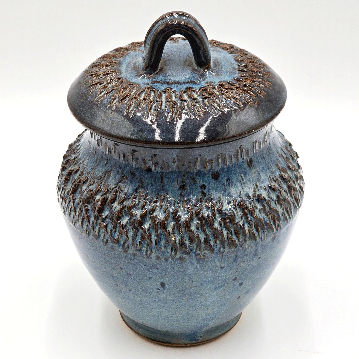 Vintage Blue Glazed Studio Pottery Lidded Jar Signed Judy P