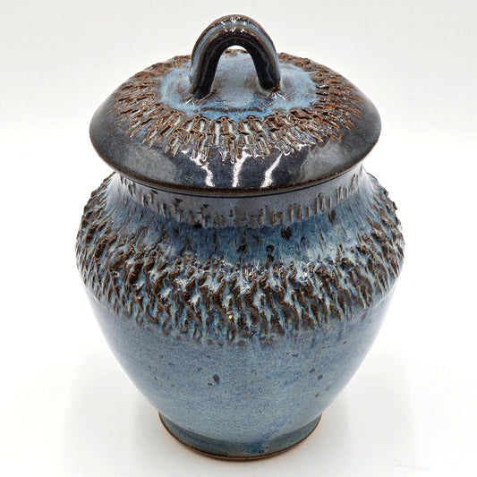 Vintage Blue Glazed Studio Pottery Lidded Jar Signed Judy P