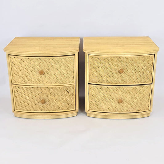 Pair of Woven Rattan Cane Nightstands 2 Drawer Coastal Boho Bedside Tables