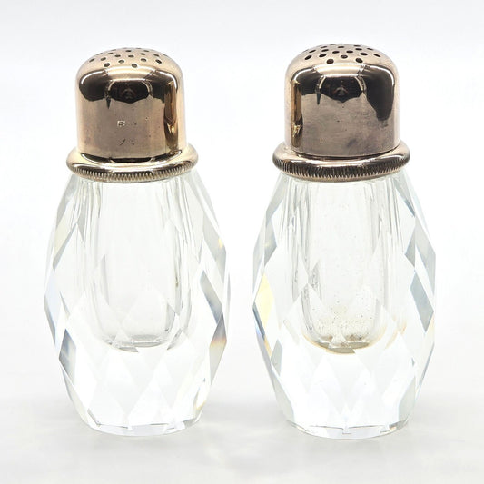 Vintage Faceted Crystal Salt Shaker Pepper Mill Grinder Silver Tone Set