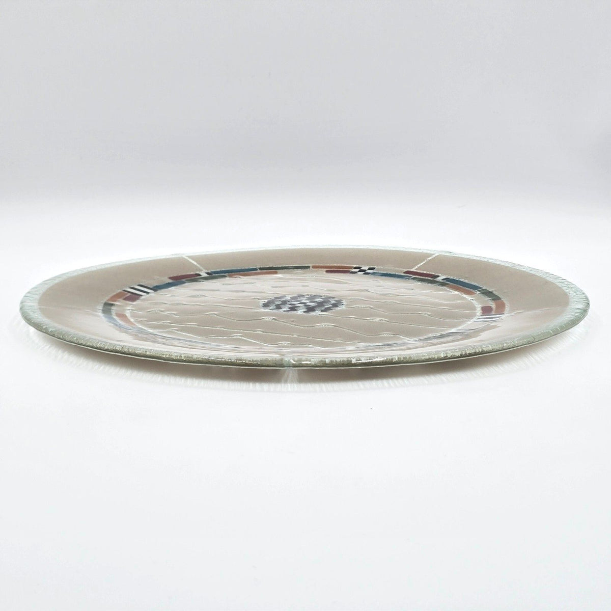 Vintage Ann Mallory Signed Fused Glass Platter 16 Inch Southwest Design w Stand