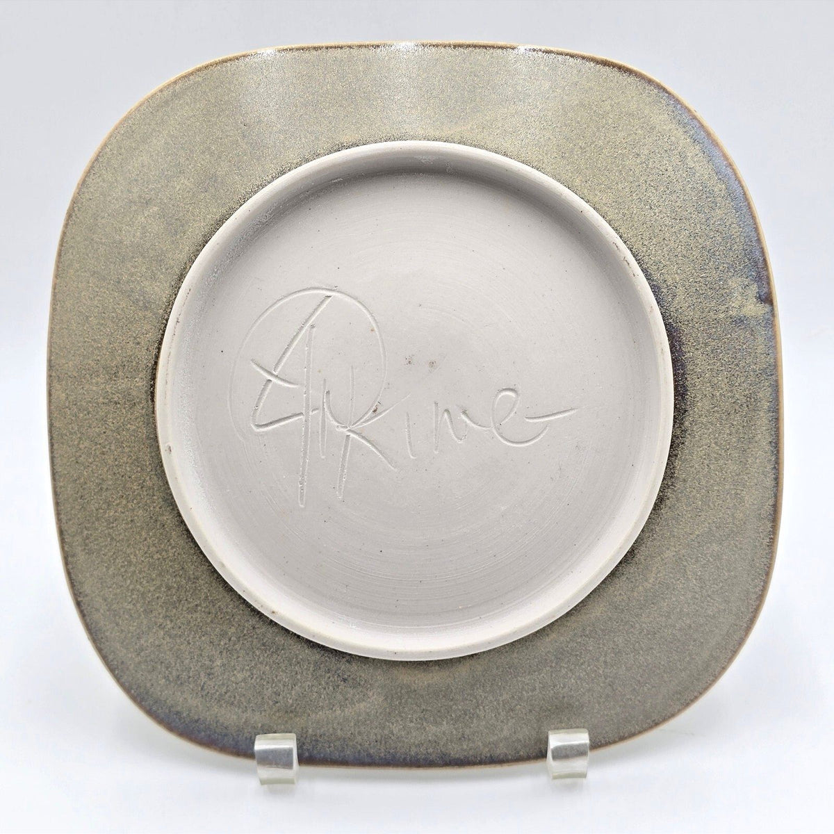 Pair Signed Studio Art Pottery Square Plates Abstract Glaze Modernist 9.6in