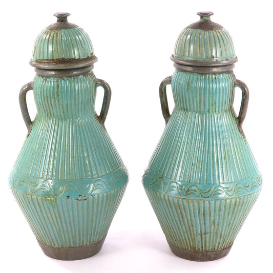 Pair Large Moroccan Turquoise Crackle Glaze Lidded Ceramic Urns 31in