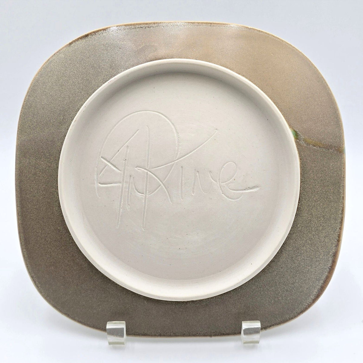 Pair Signed Studio Art Pottery Square Plates Abstract Glaze Modernist 9.6in